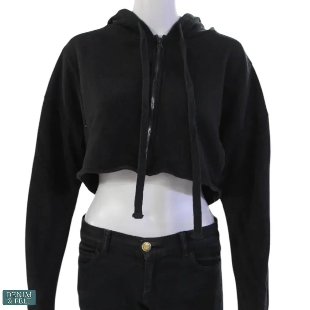 Alo Yoga Cropped Gym Zip-Up Hoodie Black Womens XS Thumbholes Long Sleeve Jacket